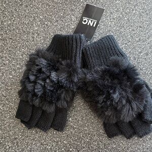 INC Black Knit Fingerless Gloves with Faux Fur